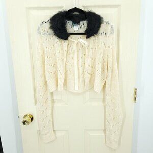 VTG 90s CoolWear USA Faux Fur Trimmed Ribbon-Tie Cardigan Sweater XL Cream/Black